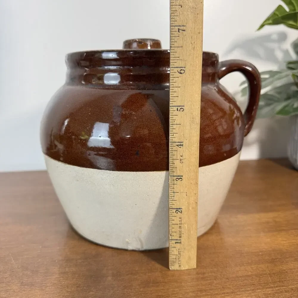 Vintage Bristol Pottery 3 Qt Brown Stoneware Bean Pot Crock w/ Lid Crown Mark
